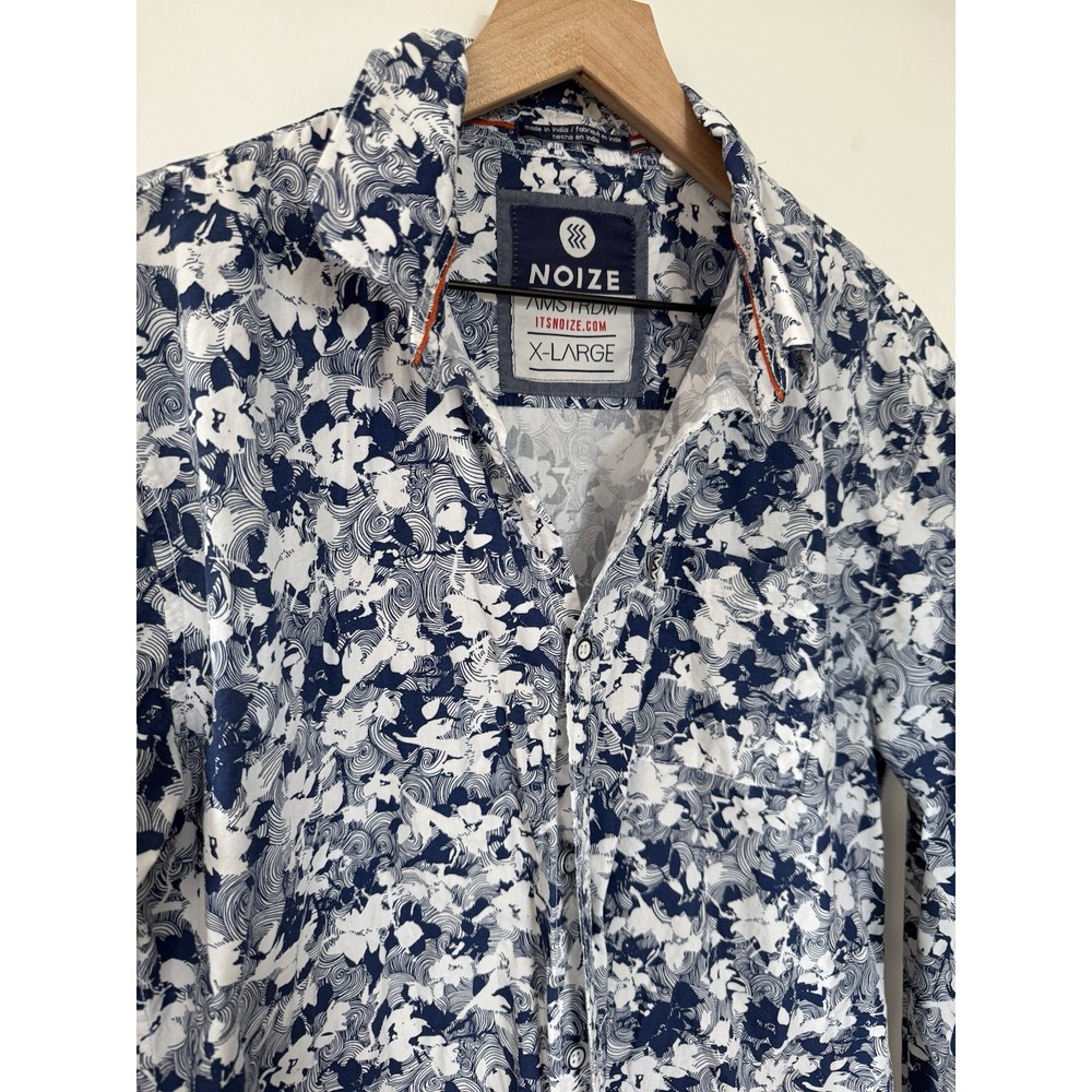 NOIZE Amstrdm Button Shirt Men XL Blue White Geo all over Print Long Sleeve